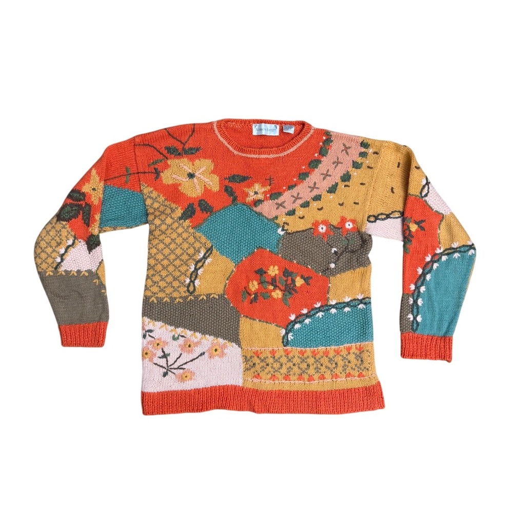 Alexandra Bartlett Vintage Patchwork Floral Embroidered Sweater Orange S granny